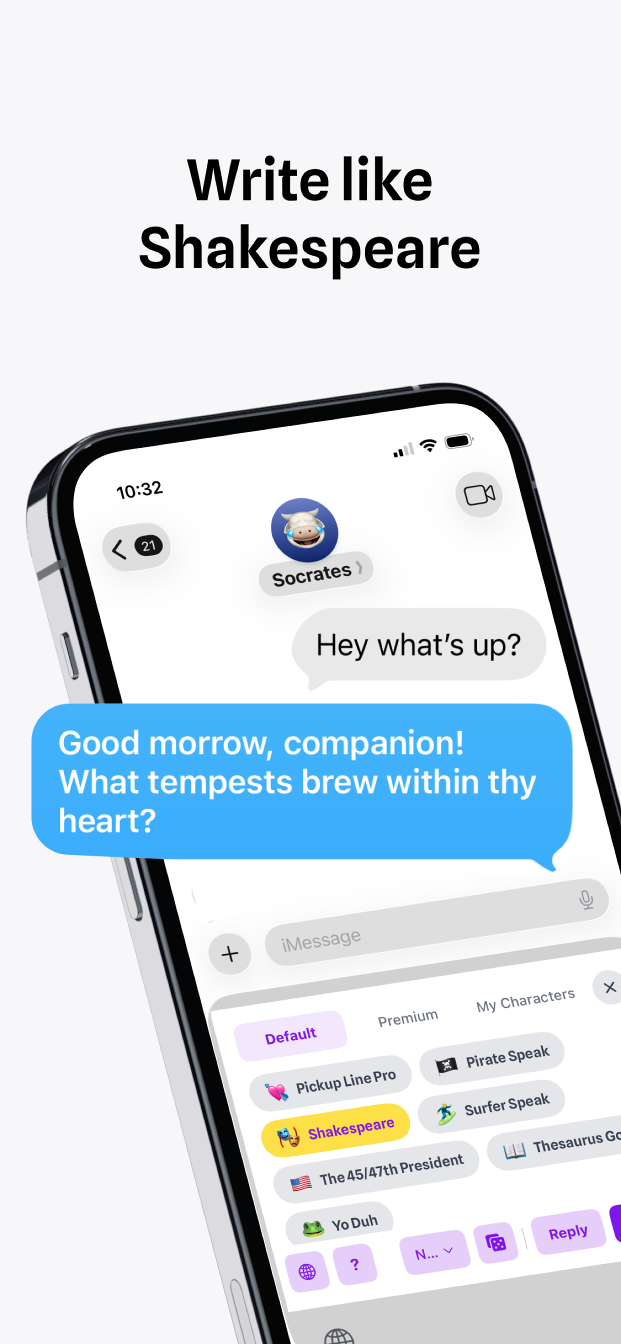 CharacterKey AI keyboard showing 50+ character voices for iPhone