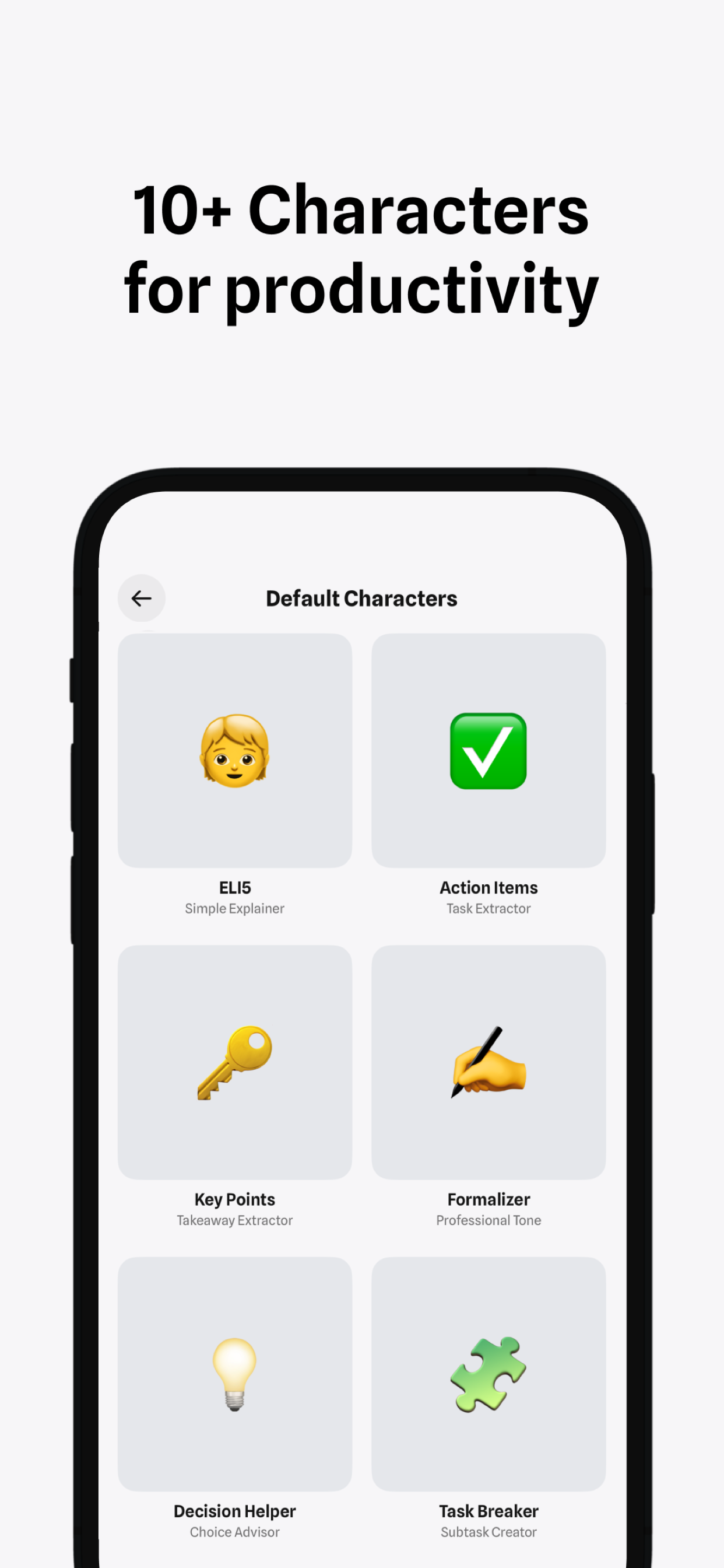 10+ productivity characters in CharacterKey - task extractors, tone formatters, and more