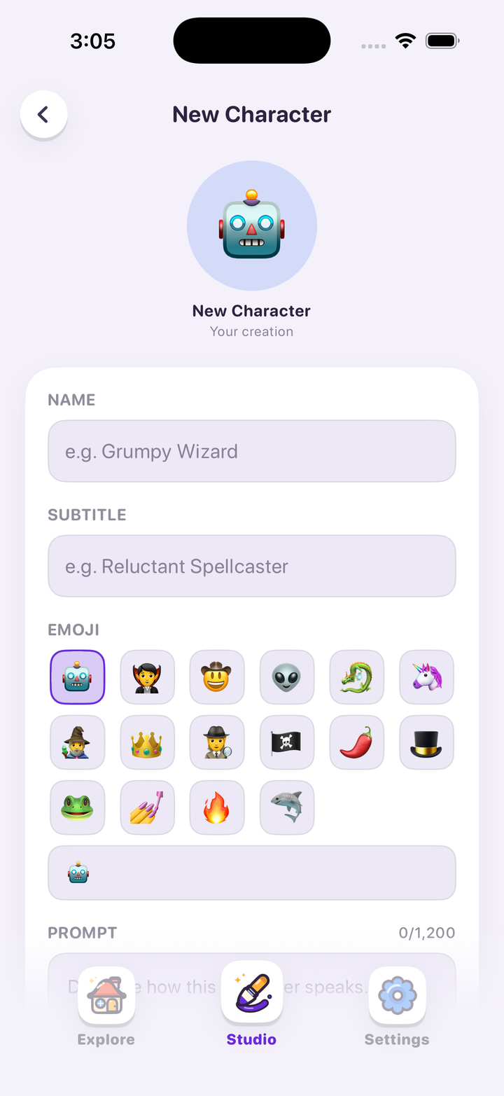 The CharacterKey create-a-character screen, with fields for name, subtitle and an emoji picker